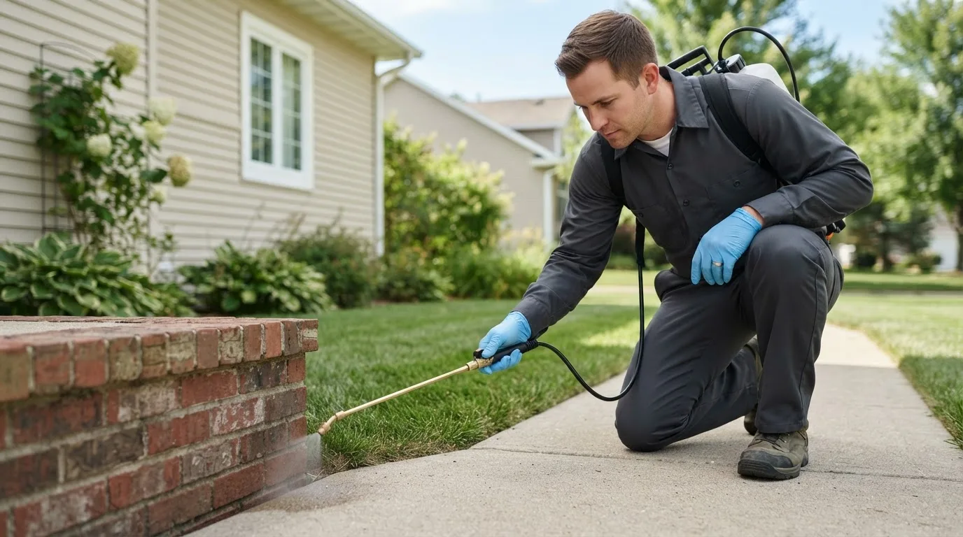 Pest control technician treating a home near Wonewoc, WI